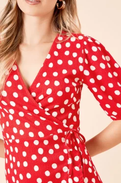 Robe Mini Portefeuille en Jersey à Manches Bouffantes et Motif Pois
