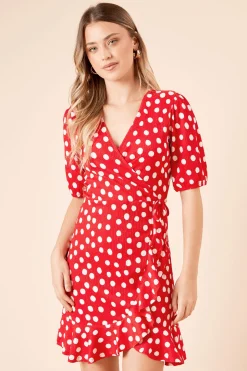 Robe Mini Portefeuille en Jersey à Manches Bouffantes et Motif Pois