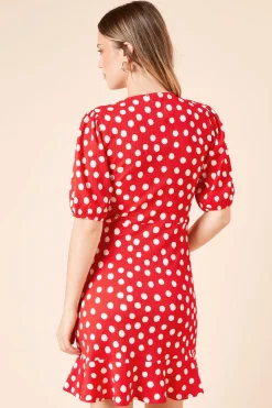 Robe Mini Portefeuille en Jersey à Manches Bouffantes et Motif Pois