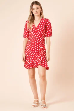 Robe Mini Portefeuille en Jersey à Manches Bouffantes et Motif Pois
