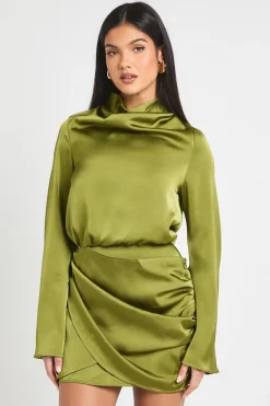Robe mini portefeuille en satin à encolure drapée haute