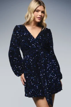 Robe Mini Portefeuille en Velours à Sequins Manches Longues