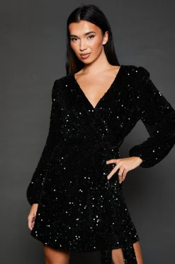 Robe Mini Portefeuille en Velours à Sequins Manches Longues