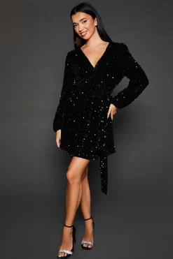 Robe Mini Portefeuille en Velours à Sequins Manches Longues