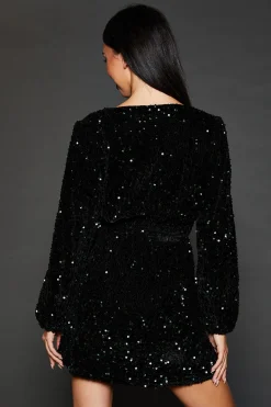 Robe Mini Portefeuille en Velours à Sequins Manches Longues