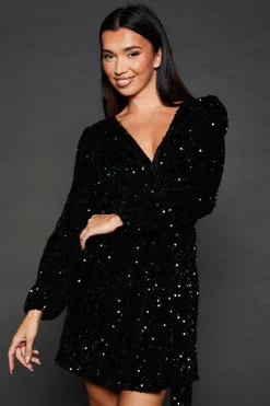 Robe Mini Portefeuille en Velours à Sequins Manches Longues