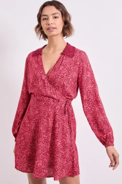 Robe Mini Portefeuille Imprimée Rose à Col en Dentelle Motif Animal