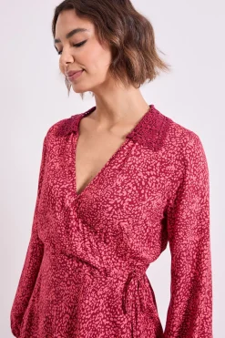 Robe Mini Portefeuille Imprimée Rose à Col en Dentelle Motif Animal