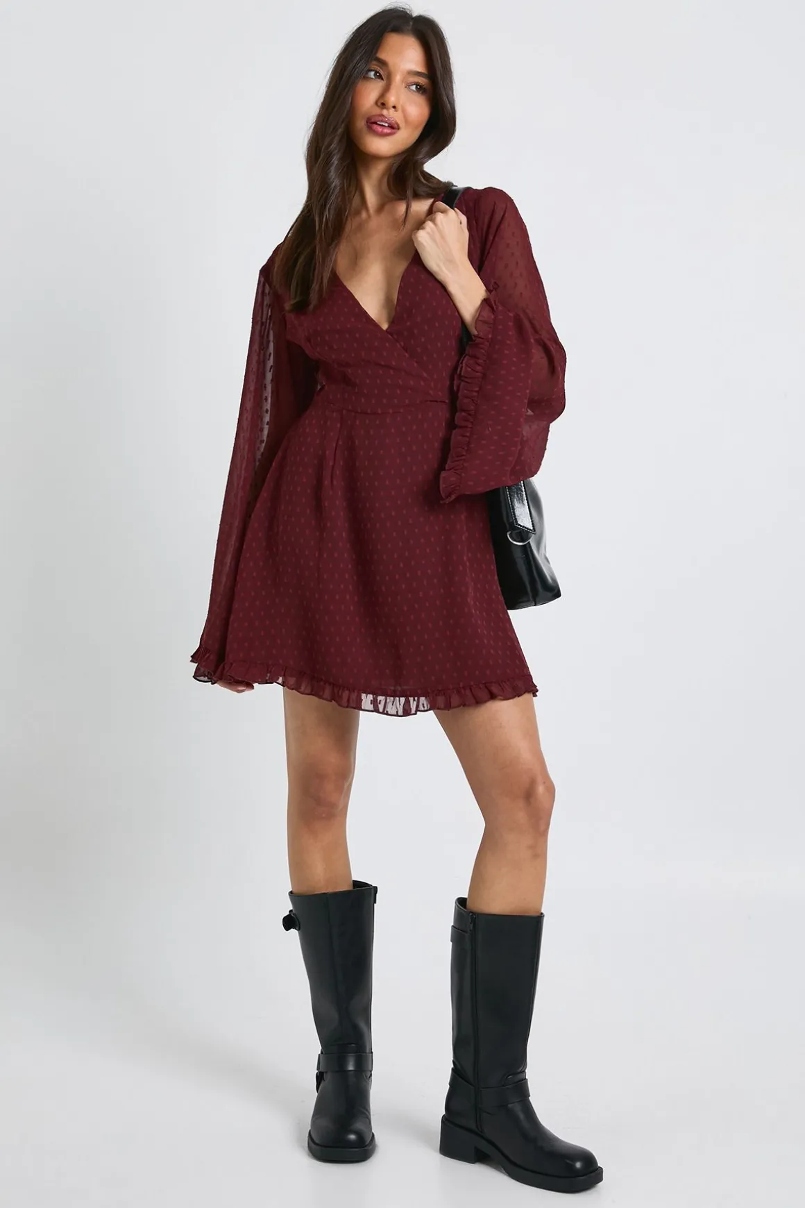 Robe mini portefeuille à manches flare Dobby