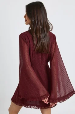 Robe mini portefeuille à manches flare Dobby