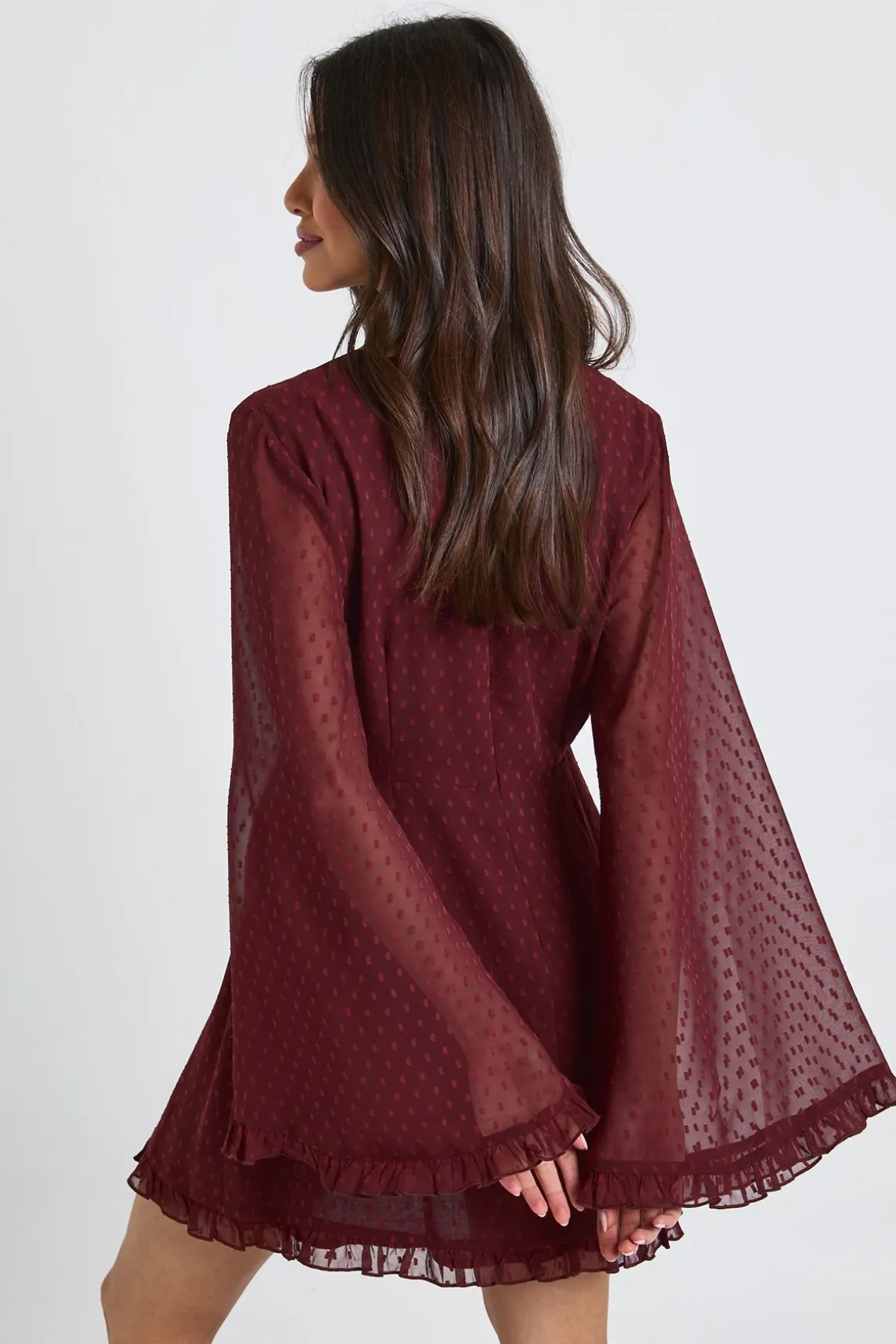 Robe mini portefeuille à manches flare Dobby