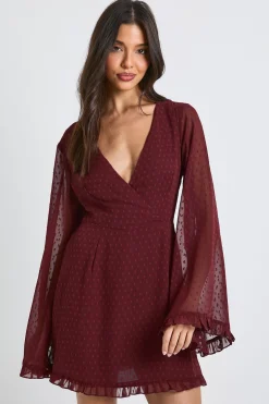 Robe mini portefeuille à manches flare Dobby
