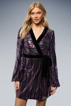Robe Mini Portefeuille à Manches Ballon et Sequins Multicolores