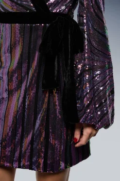 Robe Mini Portefeuille à Manches Ballon et Sequins Multicolores
