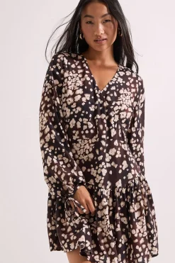Robe Mini Portefeuille Marron à Imprimé Animal avec Détail de Couture Tombante