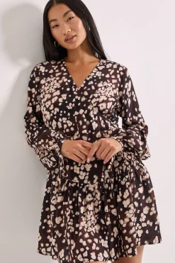 Robe Mini Portefeuille Marron à Imprimé Animal avec Détail de Couture Tombante