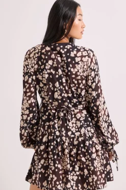 Robe Mini Portefeuille Marron à Imprimé Animal avec Détail de Couture Tombante