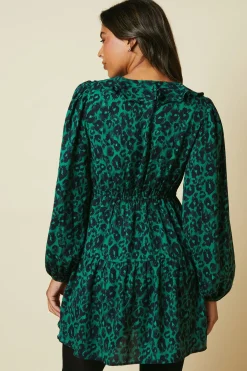 Robe Mini Portefeuille Verte à Imprimé Animalier avec Ourlet à Volants Étagés