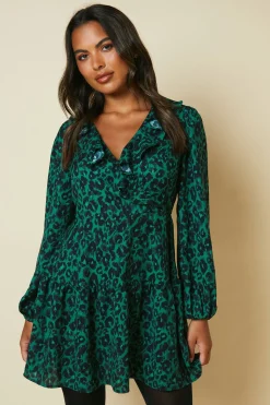 Robe Mini Portefeuille Verte à Imprimé Animalier avec Ourlet à Volants Étagés