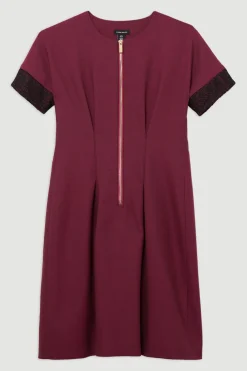 Robe mini pour grandes tailles à la coupe tailleur, en sergé et dentelle mixte, avec zip à l'avant