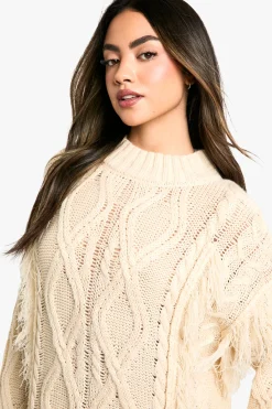 Robe Mini Pull en Maille Câble à Pompons