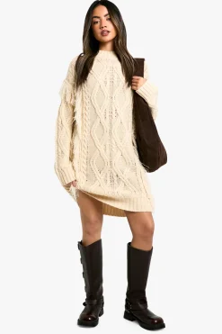 Robe Mini Pull en Maille Câble à Pompons