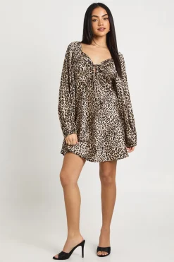 Robe Mini Satinée À Manches Bouffantes Imprimé Léopard