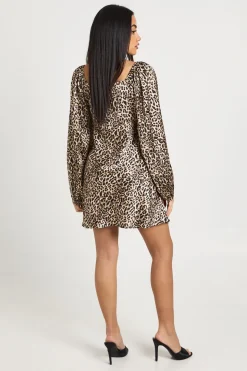 Robe Mini Satinée À Manches Bouffantes Imprimé Léopard