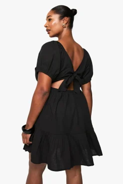 ROBE MINI SKATER EN LIN PLUS À MANCHES BOUFFANTES