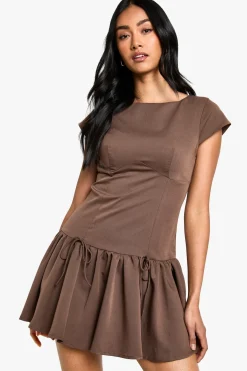Robe Mini Skater Tissée à Manches Cap