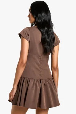 Robe Mini Skater Tissée à Manches Cap