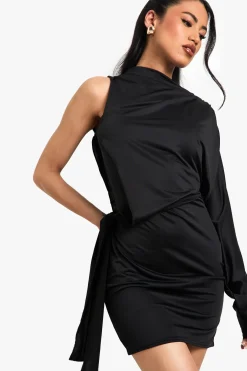 Robe Mini Slinky à Une Épaule avec Détail de Nœud