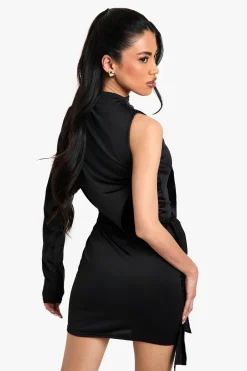 Robe Mini Slinky à Une Épaule avec Détail de Nœud