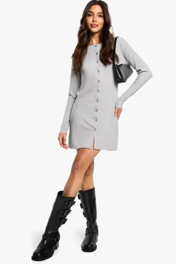 Robe mini smock côtelée boutonnée