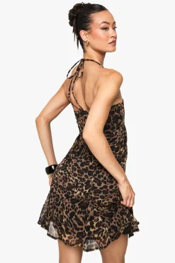Robe mini smockée en mousseline à imprimé léopard, à fines bretelles et encolure carrée pour femmes grandes