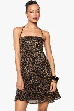 Robe mini smockée en mousseline à imprimé léopard, à fines bretelles et encolure carrée pour femmes grandes
