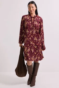 Robe Mini Smock à Étages en Jersey Petite Taille avec Motif Floral Jaune et Col Noué