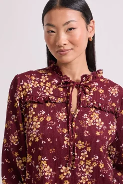 Robe Mini Smock à Étages en Jersey Petite Taille avec Motif Floral Jaune et Col Noué