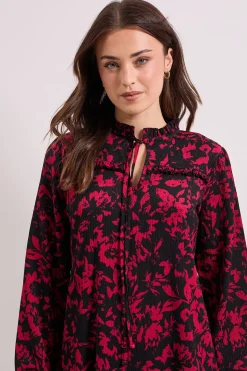 Robe Mini Smock à Étages en Jersey Floral Rose avec Col Noué