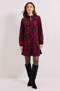 Robe Mini Smock à Étages en Jersey Floral Rose avec Col Noué