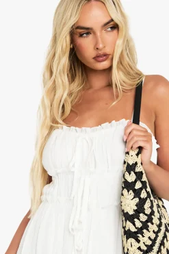Robe mini smock texturée, froncée et nouée