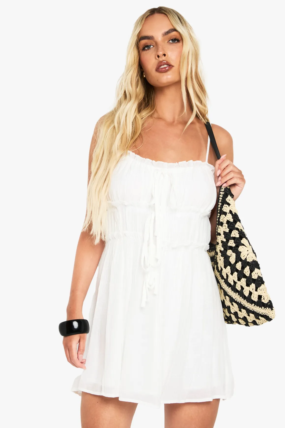 Robe mini smock texturée, froncée et nouée