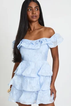 Robe Mini Étagée Bardot À Effet Dévoré