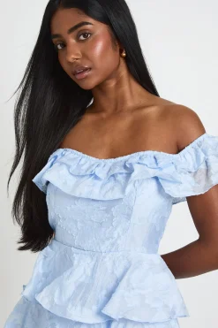 Robe Mini Étagée Bardot À Effet Dévoré