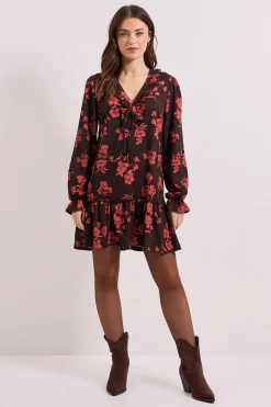 Robe Mini Étagée Bordeaux à Motifs Floraux avec Détail Noué et Manches Bouffantes à Col Volant