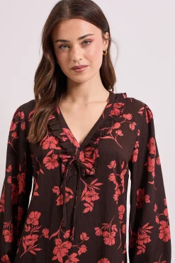 Robe Mini Étagée Bordeaux à Motifs Floraux avec Détail Noué et Manches Bouffantes à Col Volant