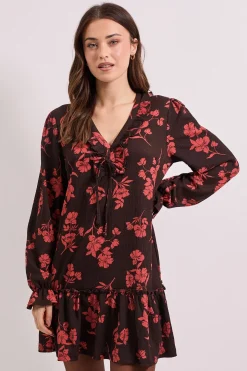 Robe Mini Étagée Bordeaux à Motifs Floraux avec Détail Noué et Manches Bouffantes à Col Volant