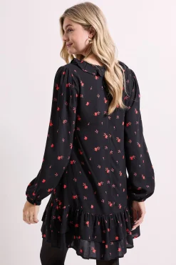 Robe Mini Étagée à Manches Bouffantes et Col Détaillé Motif Floral Délicat