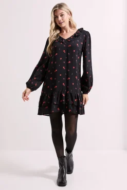 Robe Mini Étagée à Manches Bouffantes et Col Détaillé Motif Floral Délicat