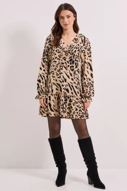 Dorothy Perkins Robe Mini Étagée à Manches Bouffantes avec Détail Noué et Col à Volants Motif Animalier<Femme Toutes Les Robes|Robes À Manches Longues